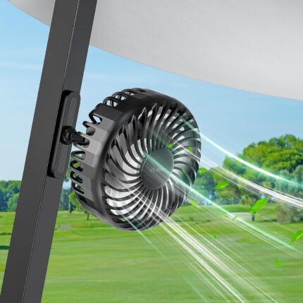 A black A2C magnetic golf cart fan attached to a metal bar, showing its compact size and rotatable head.