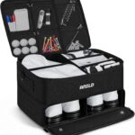 Black ANILD golf trunk organizer with two layers, showing a ventilated shoe compartment and main storage area.