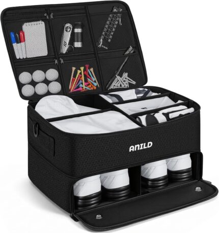 Black ANILD golf trunk organizer with two layers, showing a ventilated shoe compartment and main storage area.