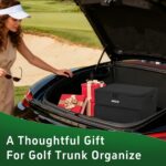 Black ANILD golf trunk organizer with two layers, showing a ventilated shoe compartment and main storage area.