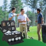 Black ANILD golf trunk organizer with two layers, showing a ventilated shoe compartment and main storage area.