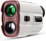 White and red APTGRF Golf Rangefinder with slope switch on a golf course background.