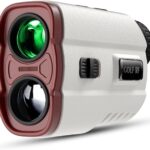 White and red APTGRF Golf Rangefinder with slope switch on a golf course background.