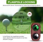 White and red APTGRF Golf Rangefinder with slope switch on a golf course background.