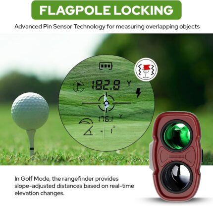 White and red APTGRF Golf Rangefinder with slope switch on a golf course background.