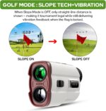 White and red APTGRF Golf Rangefinder with slope switch on a golf course background.