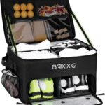 Black BAIXIXIG Golf Trunk Organizer, showing two layers of storage and multiple zippered pockets, made from Oxford fabric.