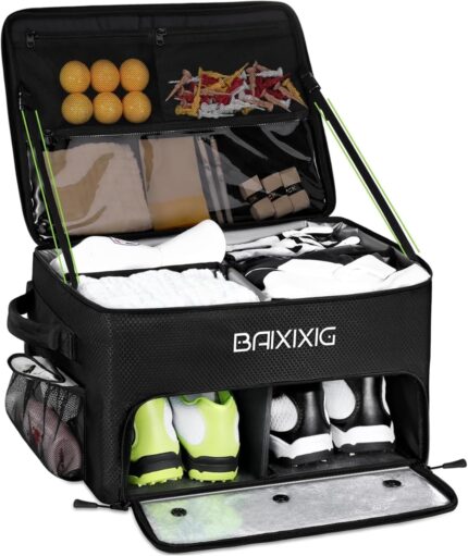 Black BAIXIXIG Golf Trunk Organizer, showing two layers of storage and multiple zippered pockets, made from Oxford fabric.