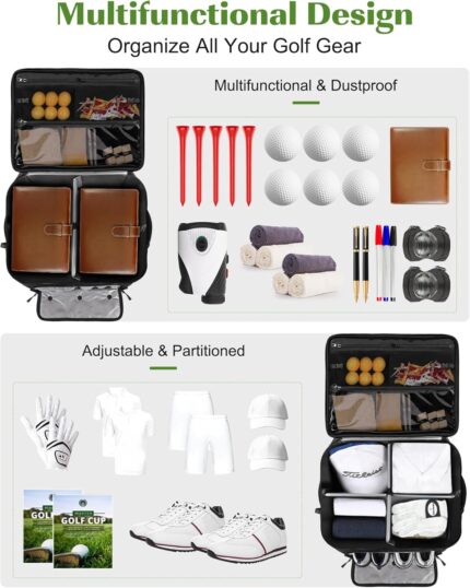 Black BAIXIXIG Golf Trunk Organizer, showing two layers of storage and multiple zippered pockets, made from Oxford fabric.