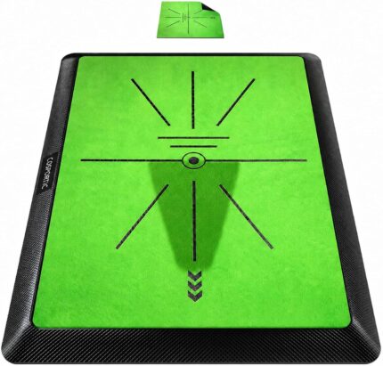 Cosportic Golf Hitting Mat showing a golf club impact mark on its surface, with a spare mat beside it.