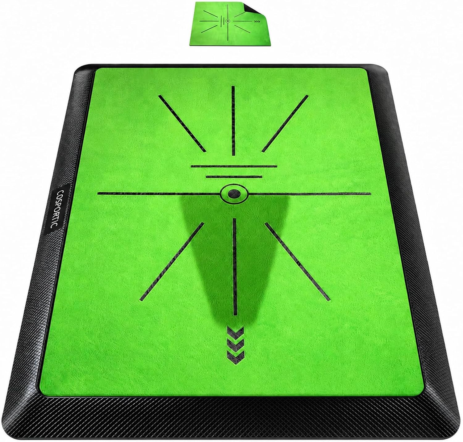 cosportic-golf-hitting-mat-with-swing-path-feedback-extra-surface-01 Cosportic Golf Hitting Mat showing a golf club impact mark on its surface, with a spare mat beside it.