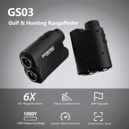 Gogogo Sport Vpro GS03 golf and hunting rangefinder with included carrying case and accessories.