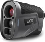 Black golf rangefinder with a clear display, showing its compact size and ergonomic design for easy grip.