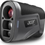 Black golf rangefinder with a clear display, showing its compact size and ergonomic design for easy grip.