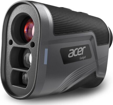 Black golf rangefinder with a clear display, showing its compact size and ergonomic design for easy grip.