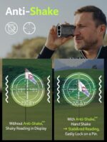 Black golf rangefinder with a clear display, showing its compact size and ergonomic design for easy grip.