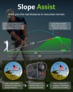 Black golf rangefinder with a clear display, showing its compact size and ergonomic design for easy grip.