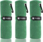 Three Handy Picks 16x16 inch microfiber golf towels in black, grey, and red, with attached carabiner clips, neatly folded.