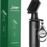 Black Jiskan Pro Golf Club Brush Cleaner with a squeeze water bottle and attached retainer clip, ready for use.