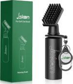 Black Jiskan Pro Golf Club Brush Cleaner with a squeeze water bottle and attached retainer clip, ready for use.