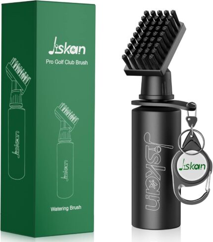 Black Jiskan Pro Golf Club Brush Cleaner with a squeeze water bottle and attached retainer clip, ready for use.