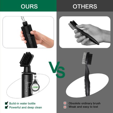 Black Jiskan Pro Golf Club Brush Cleaner with a squeeze water bottle and attached retainer clip, ready for use.