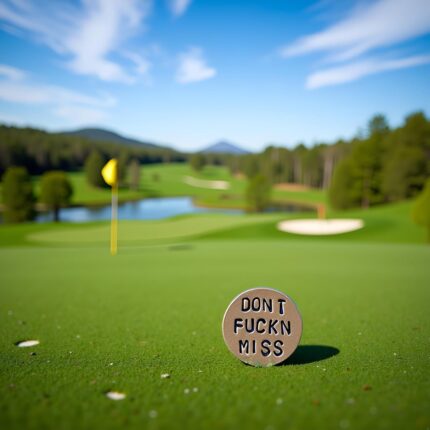 A close-up of a brown Jowxsx funny golf ball marker with a humorous phrase.