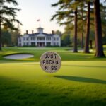 A close-up of a brown Jowxsx funny golf ball marker with a humorous phrase.