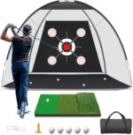 KLAODOT 10x7FT golf practice net setup in a backyard with a golf mat and balls, ready for swinging practice.