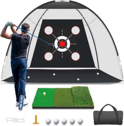 KLAODOT 10x7FT golf practice net setup in a backyard with a golf mat and balls, ready for swinging practice.