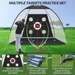 KLAODOT 10x7FT golf practice net setup in a backyard with a golf mat and balls, ready for swinging practice.