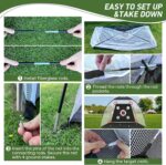 KLAODOT 10x7FT golf practice net setup in a backyard with a golf mat and balls, ready for swinging practice.
