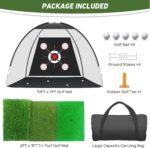 KLAODOT 10x7FT golf practice net setup in a backyard with a golf mat and balls, ready for swinging practice.