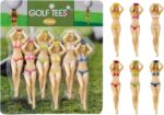 A set of six KOFULL novelty golf tees in various bright colors and humorous shapes, packaged in a gift box.