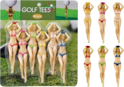 A set of six KOFULL novelty golf tees in various bright colors and humorous shapes, packaged in a gift box.
