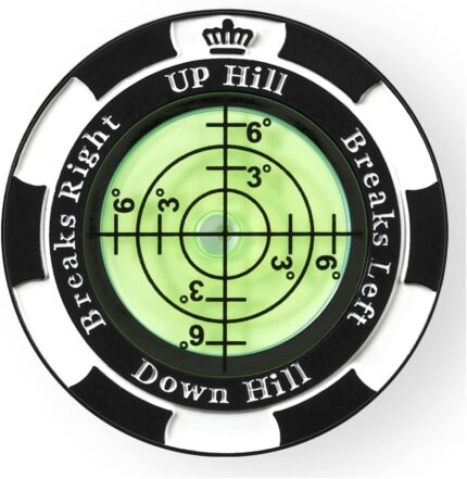 Black Prodigora SlopeMaster ProGreen Reader golf ball marker with a clear bubble level for green reading
