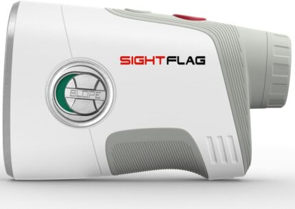 SIGHTFLAG GF2 Golf Rangefinder in gray, showing its compact size and display, with included accessories.