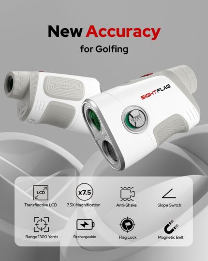 SIGHTFLAG GF2 Golf Rangefinder in gray, showing its compact size and display, with included accessories.