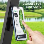 Black magnetic phone holder attached to a golf cart, holding a smartphone securely in place.