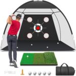 Zensouds 10x7FT black golf hitting net with multiple targets, shown with a golf practice mat and golf balls.