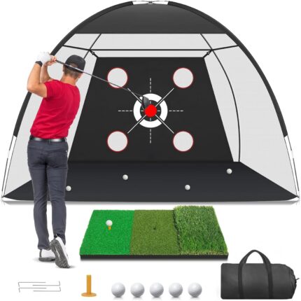 Zensouds 10x7FT black golf hitting net with multiple targets, shown with a golf practice mat and golf balls.