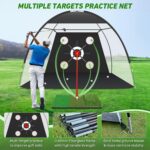 Zensouds 10x7FT black golf hitting net with multiple targets, shown with a golf practice mat and golf balls.