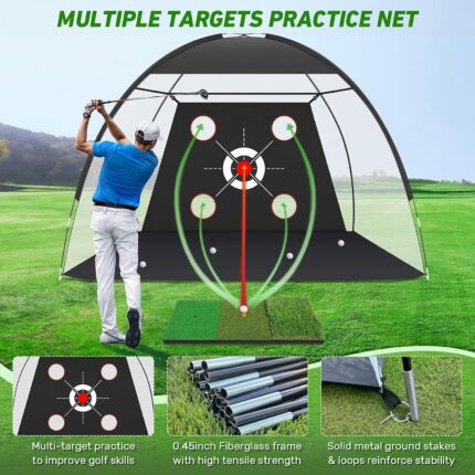 Zensouds 10x7FT black golf hitting net with multiple targets, shown with a golf practice mat and golf balls.