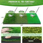 Zensouds 10x7FT black golf hitting net with multiple targets, shown with a golf practice mat and golf balls.