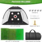 Zensouds 10x7FT black golf hitting net with multiple targets, shown with a golf practice mat and golf balls.